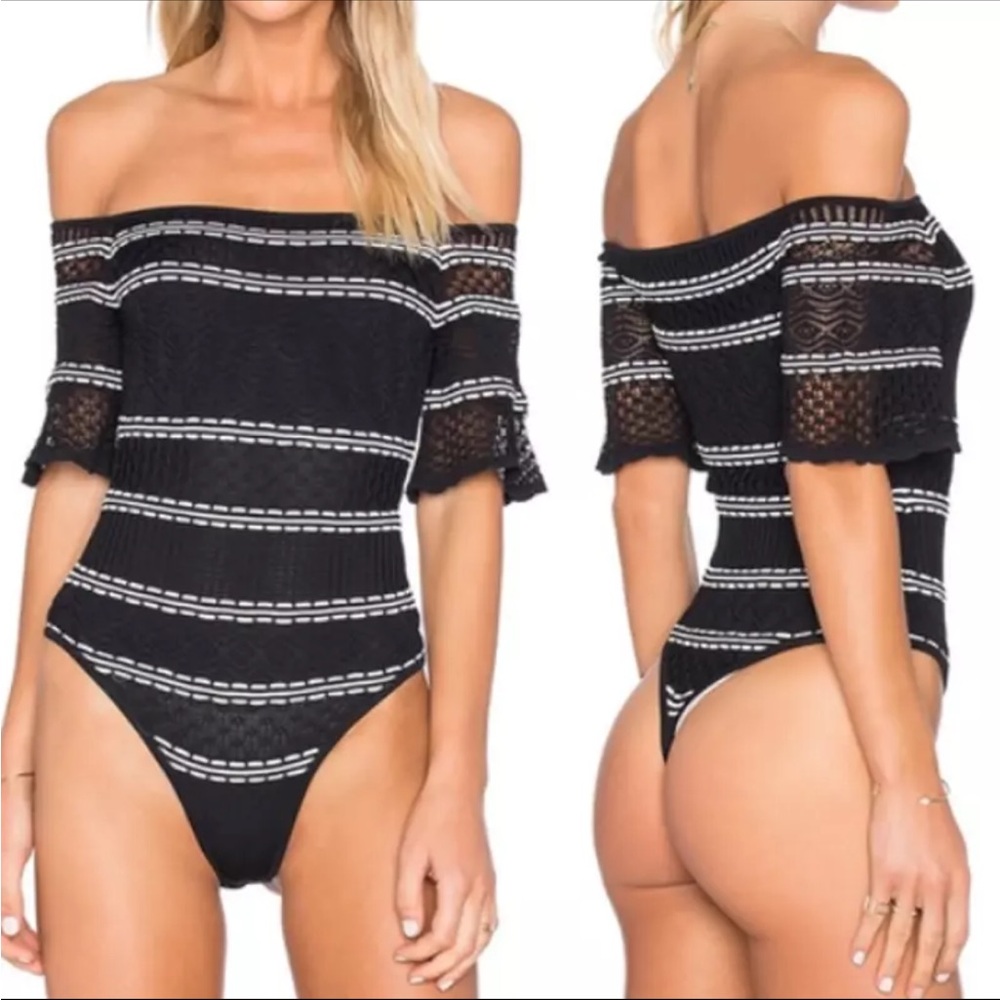 Ronny Kobo Bodysuit Black and White Off-Shoulder